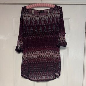 new directions Burgundy and Cream Patterned Tunic Top
